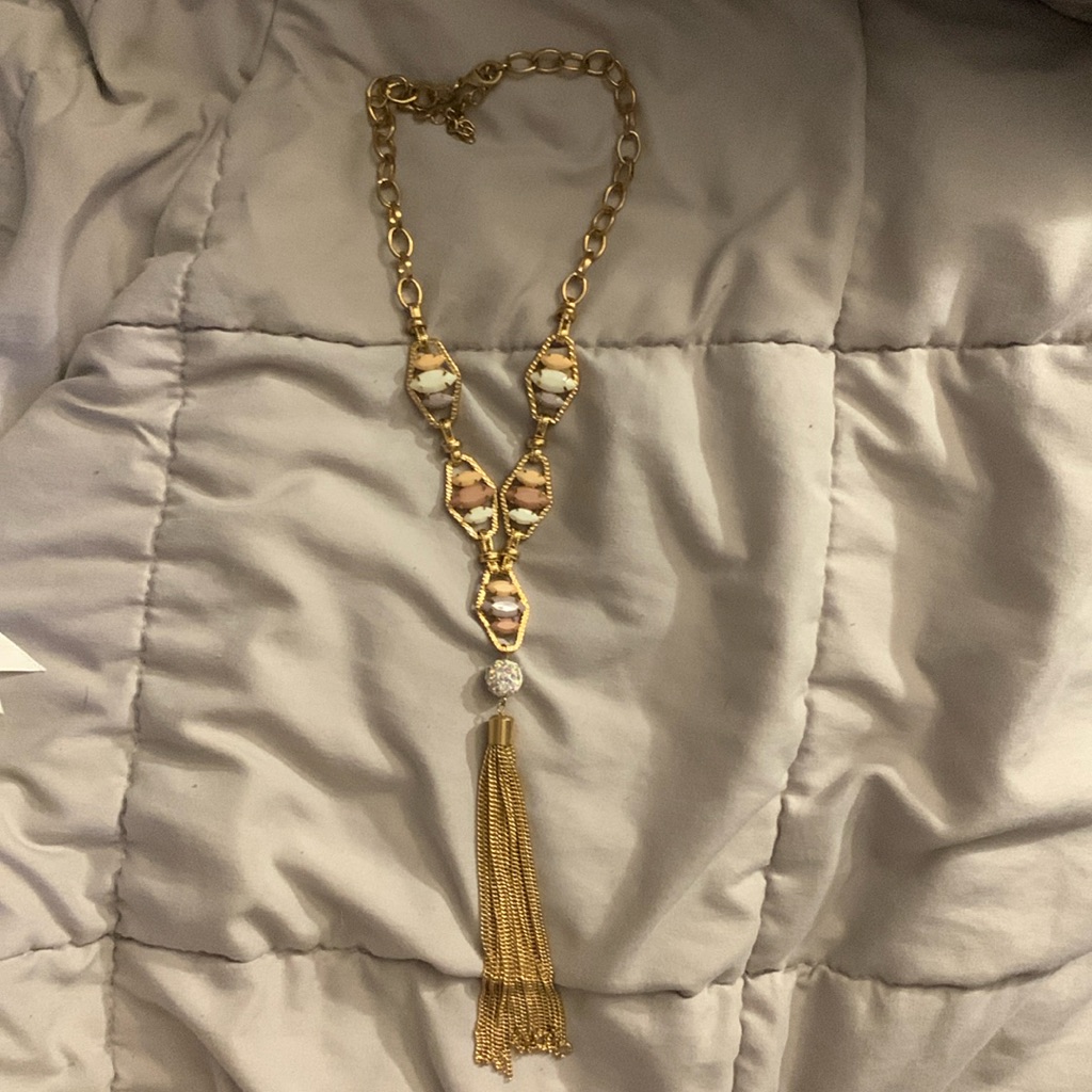 Pastel Stone Gold Toned Necklace With Tassel